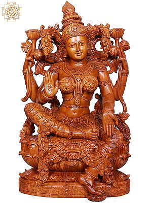 24" Wooden Goddess Lakshmi Seated on Lotus