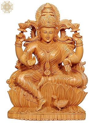 18" Wooden Devi Lakshmi Seated on Lotus Throne