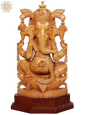 16" Teak Wood Lord Ganesha Statue Seated on Throne