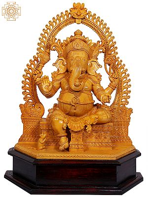18" Wooden Prabhu Ganesha Seated on Throne with Kirtimukha