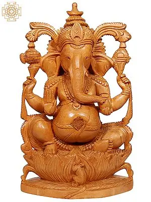 12" Wooden Ganesha Seated on Lotus With Mushak