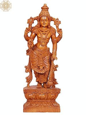 23" Wooden Shree Hari Vishnu Statue | Handmade Teakwood Sculpture