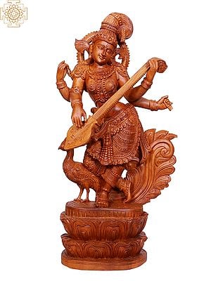 13" Wooden Standing Goddess Saraswati with Peacock