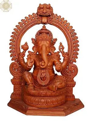 Wooden Lord Ganesh Statue with Kirtimukha | Hindu God Figurine