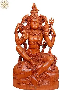 25" Wooden Lord Shiva Statue on Throne | Hindu God Figurine