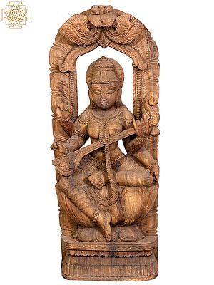 35" Large Wooden Goddess Saraswati with Kirtimukha
