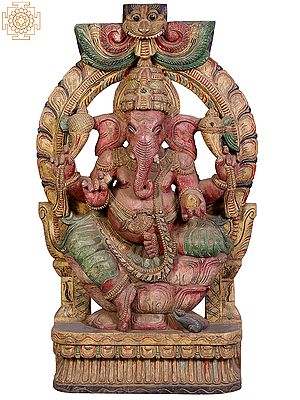 36" Large Wooden Lord Ganesha with Kirtimukha  Throne