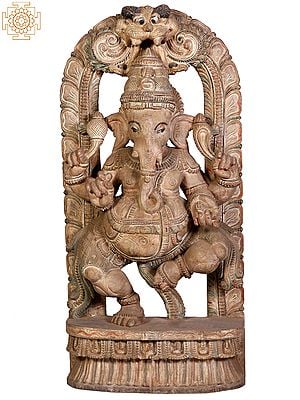 36" Large Wooden Dancing Lord Ganesha with Kirtimukha