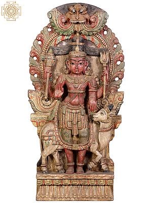 36" Large Wooden Lord Shiva with Nandi Standing On Kirtimukha Throne