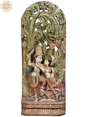 Large Radha Krishna Wood Carving - 36 Inch Divine Couple Sculpture