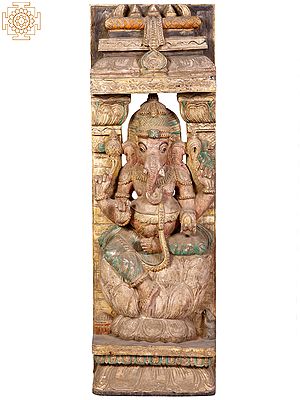 36" Large Wooden Lord Ganesha Seated on Lotus Pedestal