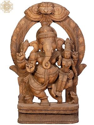 36" Large Wooden Shakti Ganpati with Kirtimukha