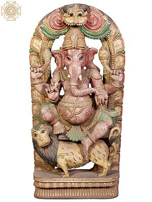 36" Large Wooden Lord Ganesha Seated on Lion