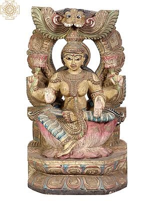 18" Wooden Goddess Lakshmi Seated on Throne