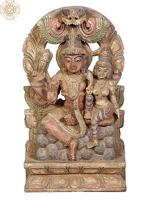 18" Wooden Lord Vishnu with Devi Lakshmi