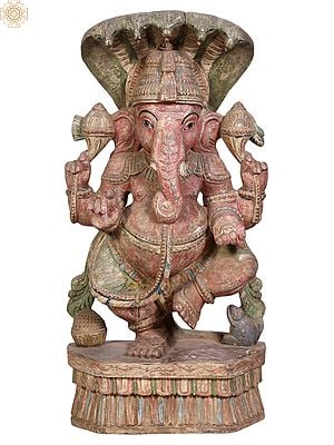 24" Wooden Lord Ganesha Statue with Sheshnag