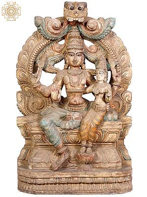 24" Wooden Sitting Shri Hari Vishnu with Goddess Lakshmi