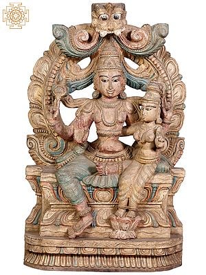 24" Wooden Sitting Lord Vishnu with Goddess Lakshmi