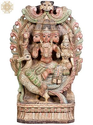 24" Wooden Lord Brahma with Goddess Saraswati Seated on Kirtimukha Throne