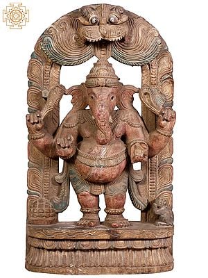 24" Standing Lord Ganesha Idol with Kirtimukha Throne | Wooden Statue