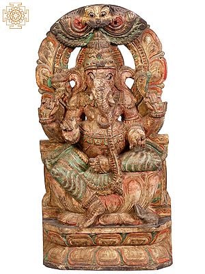 24" Wooden Lord Ganesha Seated on Throne