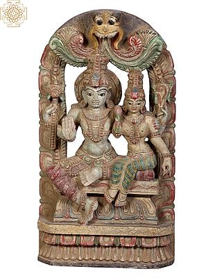 18" Wooden Lord Vishnu &  Devi Lakshmi Seated on Throne