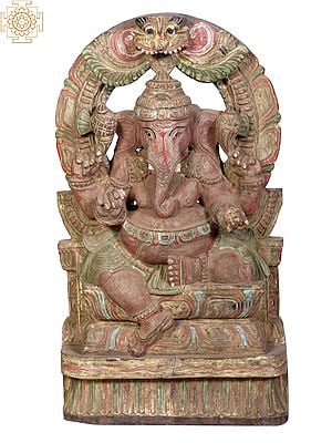 18" Wooden Ganesha Seated on Throne
