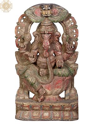 18" Wooden Lord Ganapati Seated on Lotus