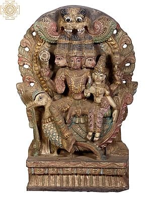 18" Wooden Lord Brahma Seated on Peacock