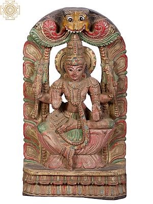 18" Wooden Goddess Dhan Lakshmi Seated on Lotus