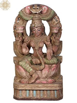 18" Wooden Goddess Lakshmi Holding Two Lotus Flowers