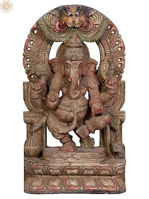 18" Wooden Dancing Chaturbhuj Lord Ganesha Sculpture