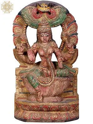 Goddess Lakshmi Seated on Kirtimukha Throne - 18" Wooden Sculpture