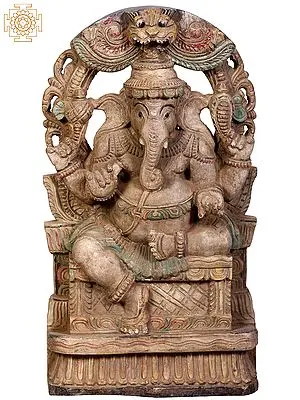 Lord Ganesha Seated Sculpture on Kirtimukha Throne - 18" Wood Carving