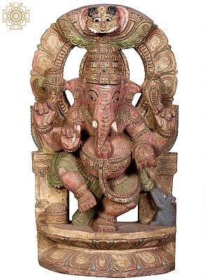 18" Wooden Dancing Lord Ganesha Statue with Kirtimukha Throne