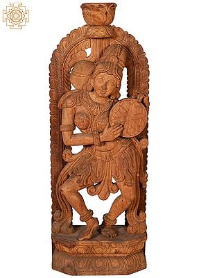 "Divine Musician" Large Wooden Dancing Lady Playing Dafli