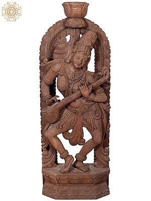 Large Wooden Dancing Lady Statue Playing Sitar