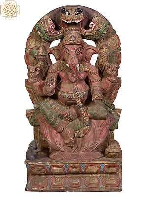 18" Wooden Statue of Sitting Chaturbhuja Lord Ganesha