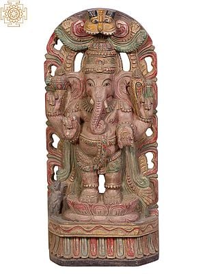 18" Wooden Four Armed Standing Lord Ganapati