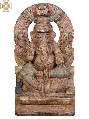 18" Wooden Sitting Vighnaharta Ganesha Figurine