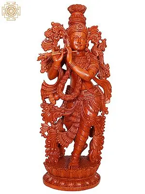 33" Large Wooden Lord Krishna Playing Flute