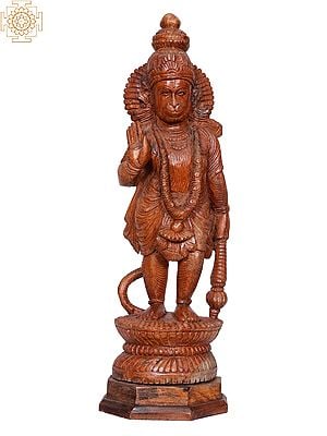 17" Wooden Standing Lord Hanuman in Blessing Posture