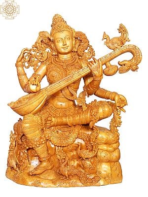 37"  Large Wooden Sitting Goddess Saraswati Playing Veena