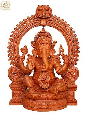 Large Wooden Sitting Lord Ganesha Idol with Kirtimukha Prabhavali