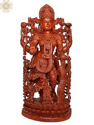 Large Wooden Standing Goddess Dhana Lakshmi Statue