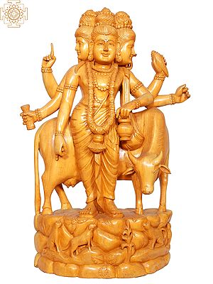 26" Wooden Dattatreya with Kamadhenu