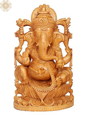 20" Wooden Lord Ganapati Seated on Lotus