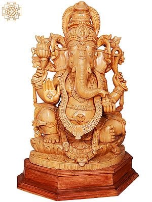42"  Large Wooden Four Armed Sitting Lord Ganesha