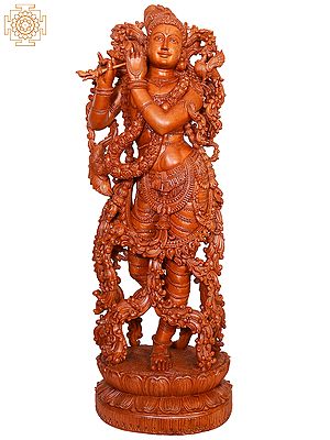 "Murli Manohara" Large Wooden Standing Lord Krishna Playing Flute