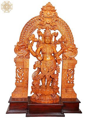 49"  Large Wooden Standing Goddess Lakshmi with Kirtimukha Prabhavali